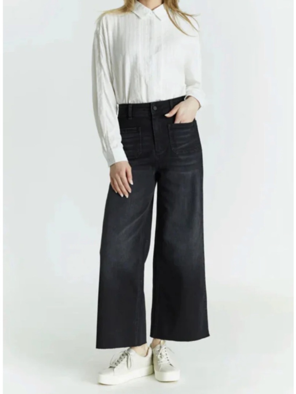 OAT New York High Waist Patch Pocket Wide Leg Jeans with Frayed Hem